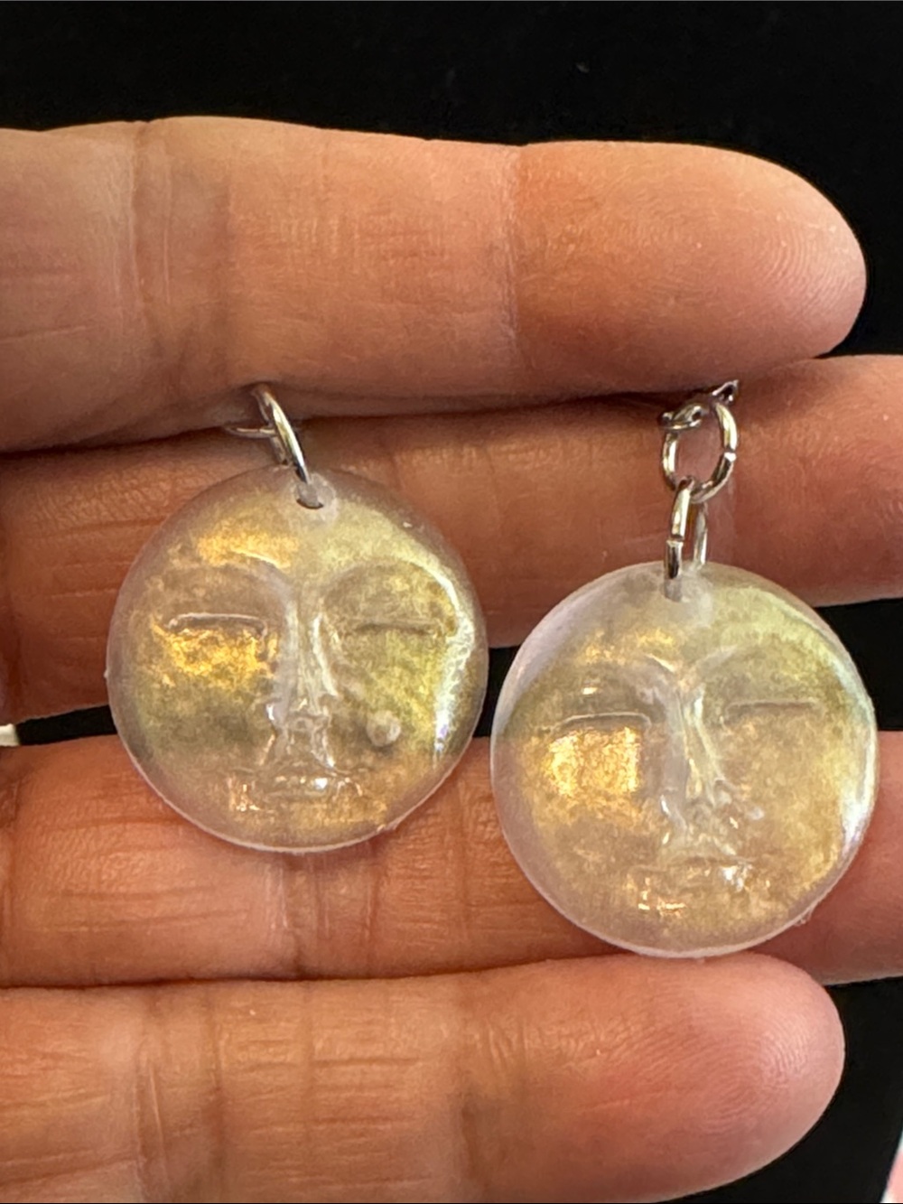 Moon Face Dangle Earrings - Iridescent White
